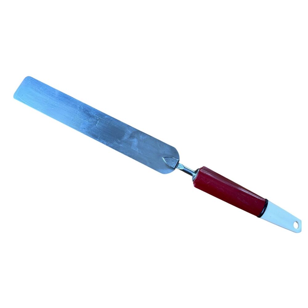 Vintage A & J Stainless Steel Spreader Spatula Long Blade Red Plastic Handle 13"